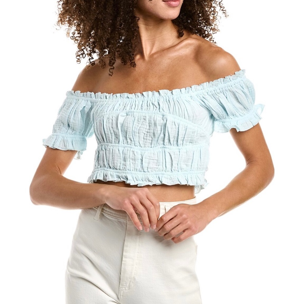 NWT! Light Blue/Baby Blue Short Sleeve, Off the Shoulder Top - Size Large